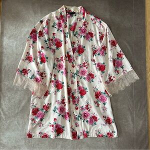 INC International Concepts Floral Lace Trim Kimono Robe White Pink Roses XL